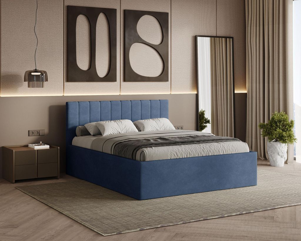 Polsterbett RETTAN mit Kopfteil, 160x200 cm, Doppelbett mit Bettkasten und Lattenrost aus Holz, Velourstoff, Farbe: Blau