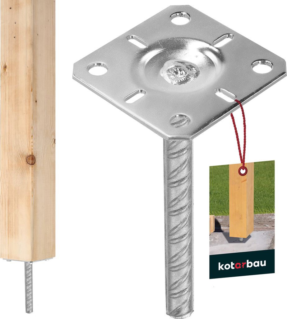 A wooden post and a metal post anchor are shown against a white background, with a small tag showing the product in use.