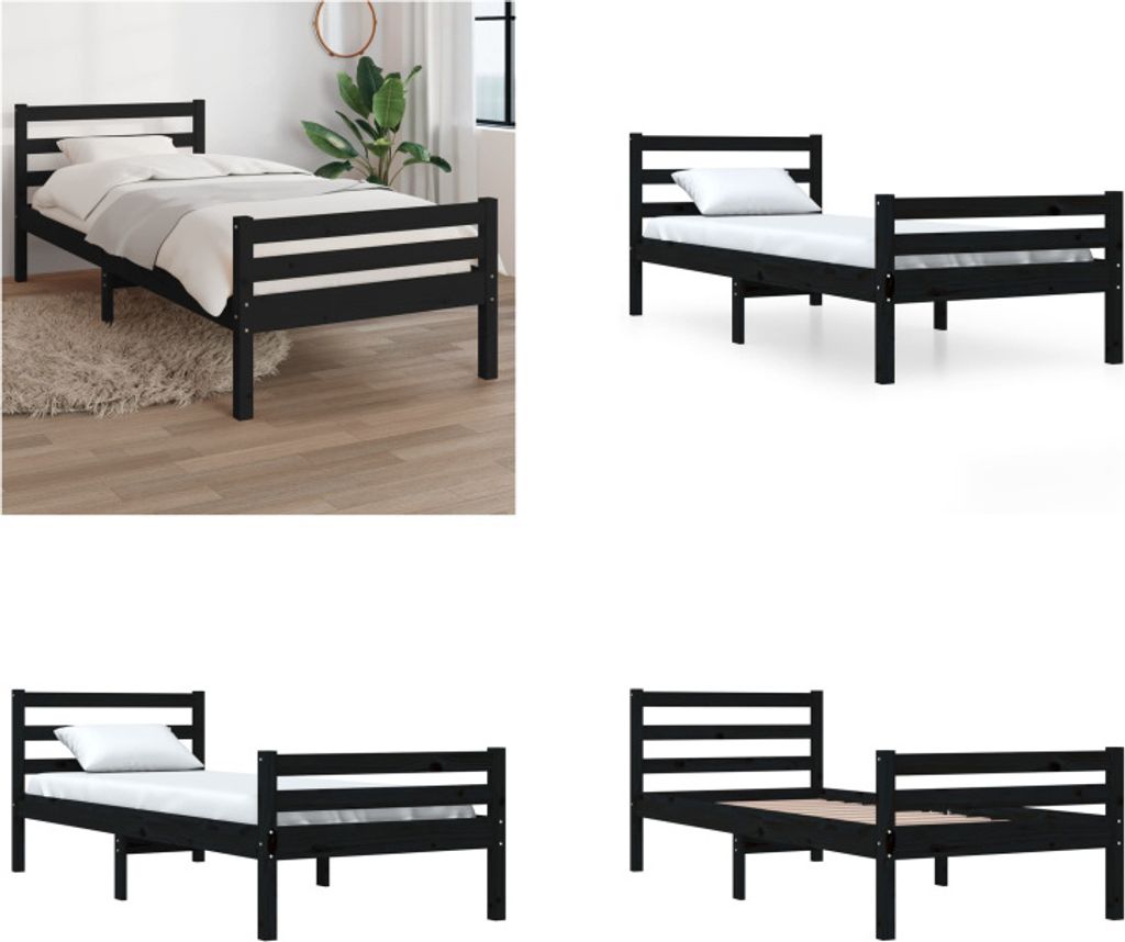 vidaXL Massivholzbett Schwarz 100x200 cm - Bettrahmen - Bettgestell - Bett - Holzbettrahmen