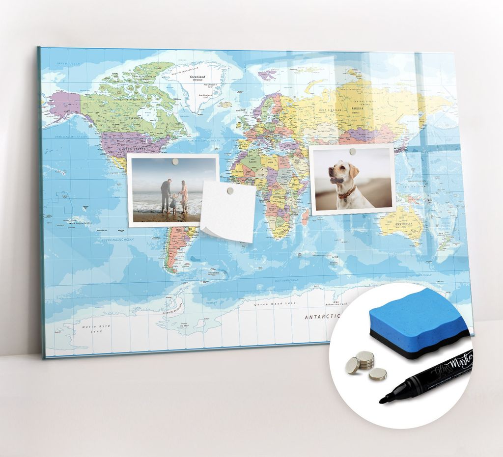 Magnetpinnwand Memoboard - Zubehörsatz - Schwarzer Marker + Schwamm + Magnete - 60 x 40 cm - Politische Weltkarte