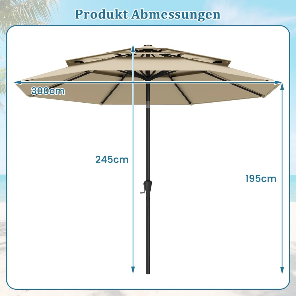 Parasol de marché 300cm Beige pour Jardin - Protection Solaire avec Manivelle - 3