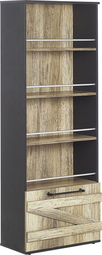 BELIANI Bücherregal Heller Holzfarbton/ Schwarz aus Holzspanplatte mit Metallgriffen mit 4 Regalböden und Schränkchen Wohnzimmer Modernes Design