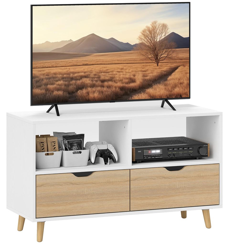 HOMCOM TV Schrank Lowboard mit 2 Ablage, Schublade, 99cm lang Fernsehtisch, Weiß