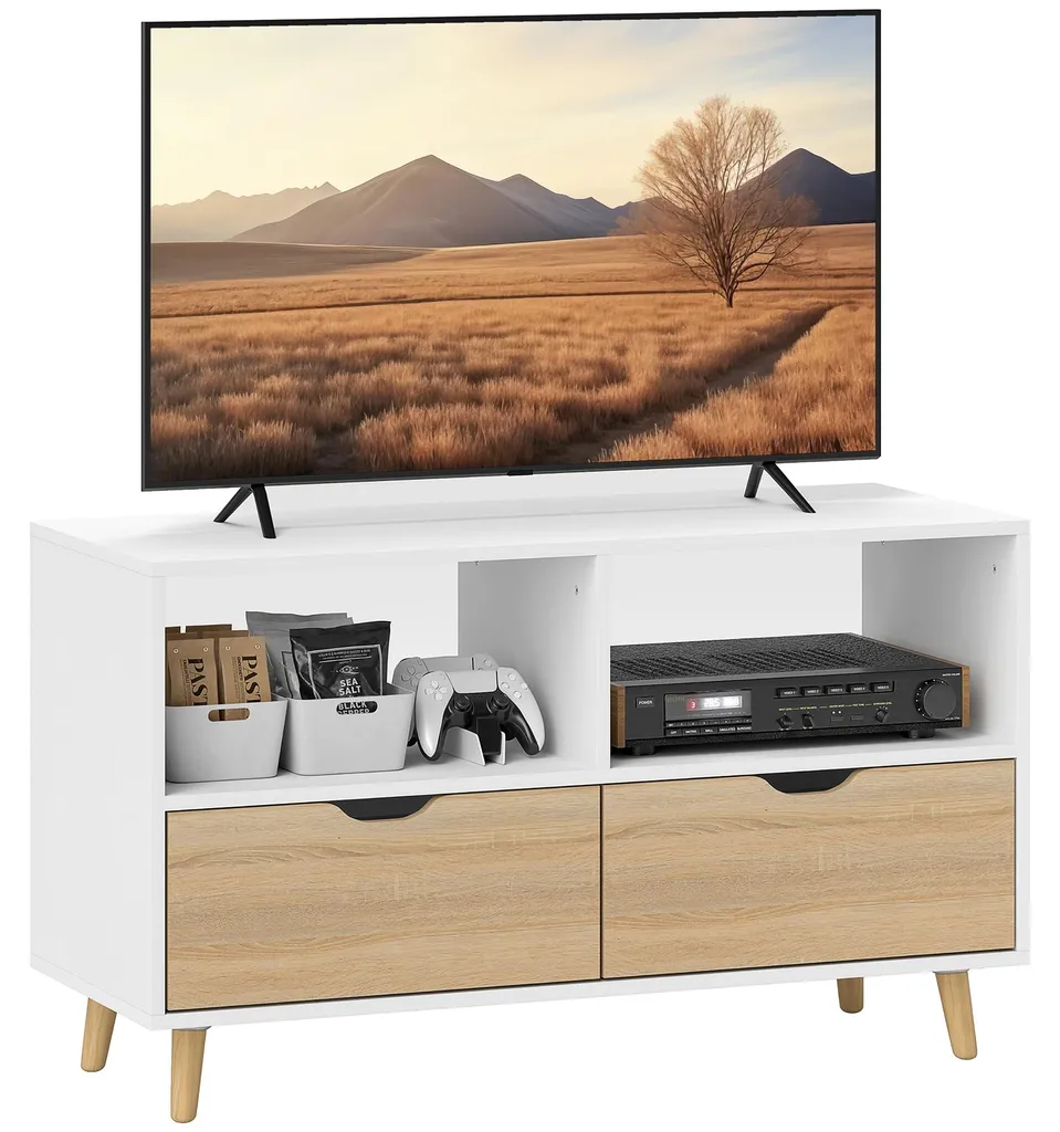 Meuble TV HOMCOM 99 cm Blanc avec Tiroir et 2 Étagères - Modèle 839-467