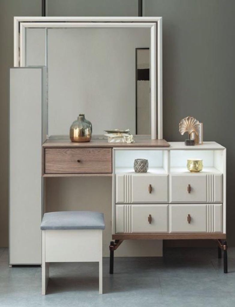 Weißer Schminktisch Glas Spiegel r Poslterhocker Moderne Möbel