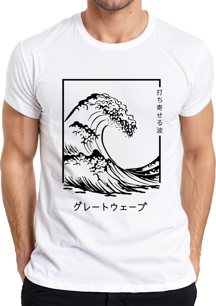 japanische Welle グレートウェーブ Vintage Ukiyoe Surfer Maritim Zen retro Herren T-Shirt, Weiß, XXL