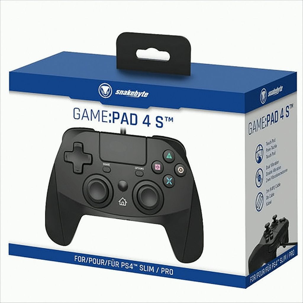 A product box for a snakebyte Game:Pad 4 S controller, showing the controller itself on the front.