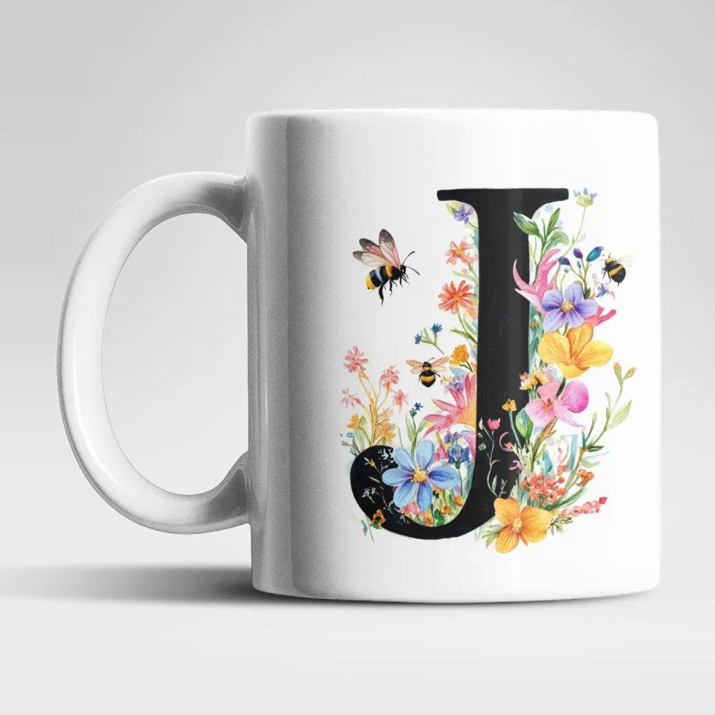 Name A bis Z und 0 bis 9 Blumen Bienen Kaffeetasse Teetasse Tasse Geschenkidee – J
