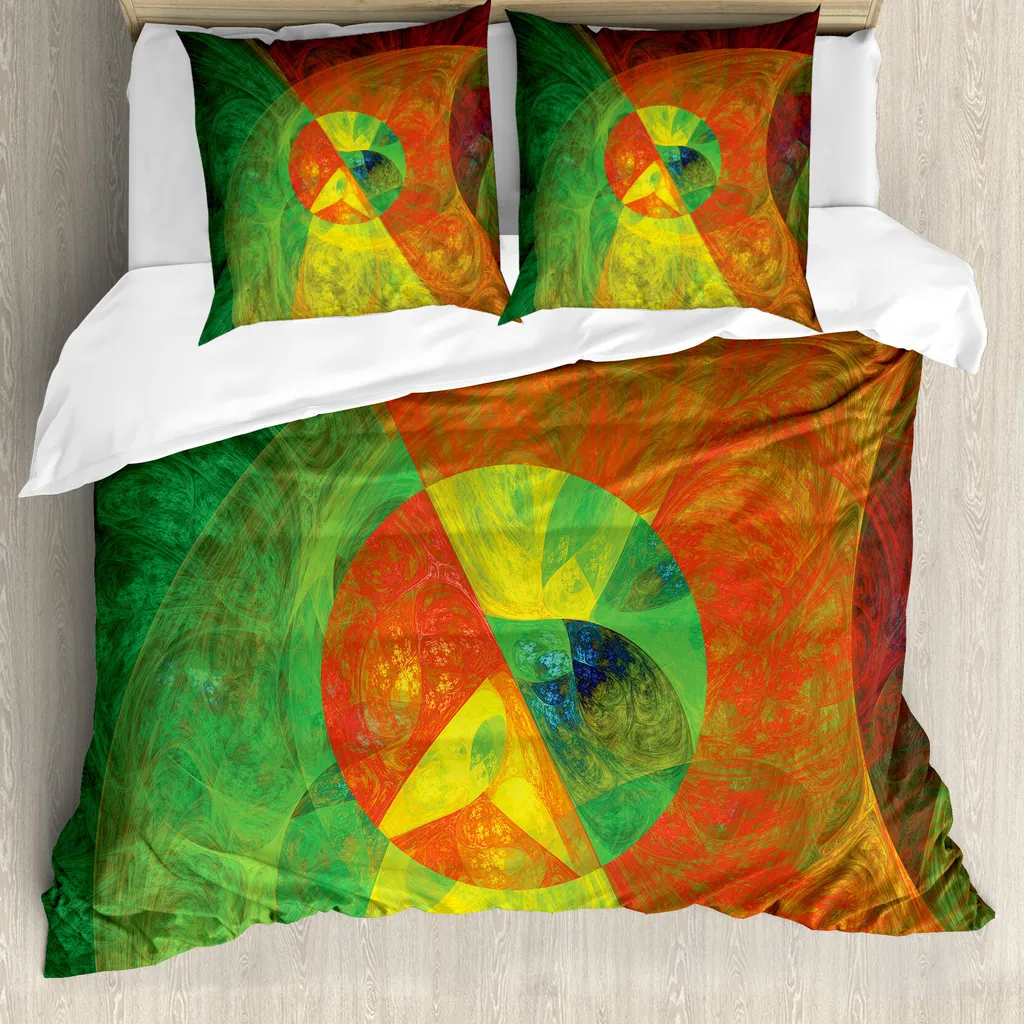 ABAKUHAUS Copripiumino psichedelico, astratto surreale, antiacaro, adatto a chi soffre di allergie, con federe, 155 cm x 220 cm - 80 x 80 cm, verde giallo