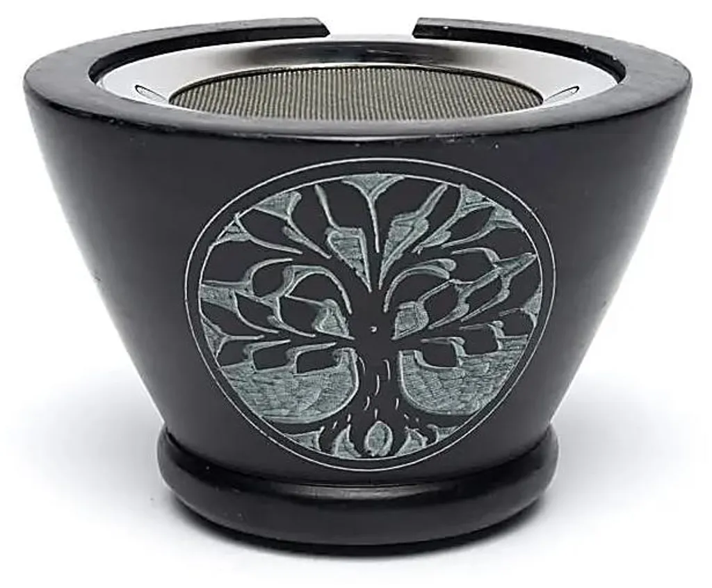 Brûle-encens Stéatite Noir Arbre de Vie 13cm - Diffuseur à Tamis