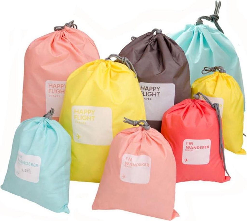 Aufbewahrungstaschen Nylon wasserdicht - 8 Stück, Kleidersäcke mit Kordelzug, Organizer-Tasche für Koffer, Schuhe und Sport (8 Farben) Packwürfel