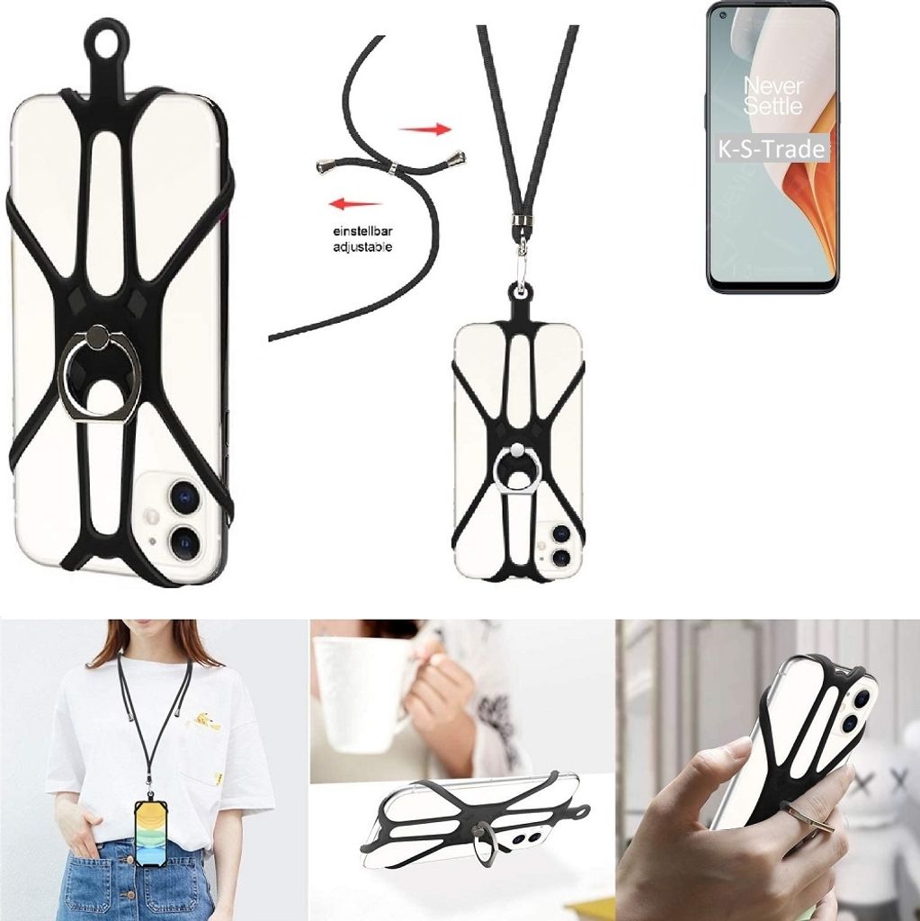 K-S-Trade 3in1 Handykette Handyband Handykordel Halsband Smartphone-Ring Handy-Ring kompatibel mit OnePlus Nord N100 Fingerhalterung Handyring