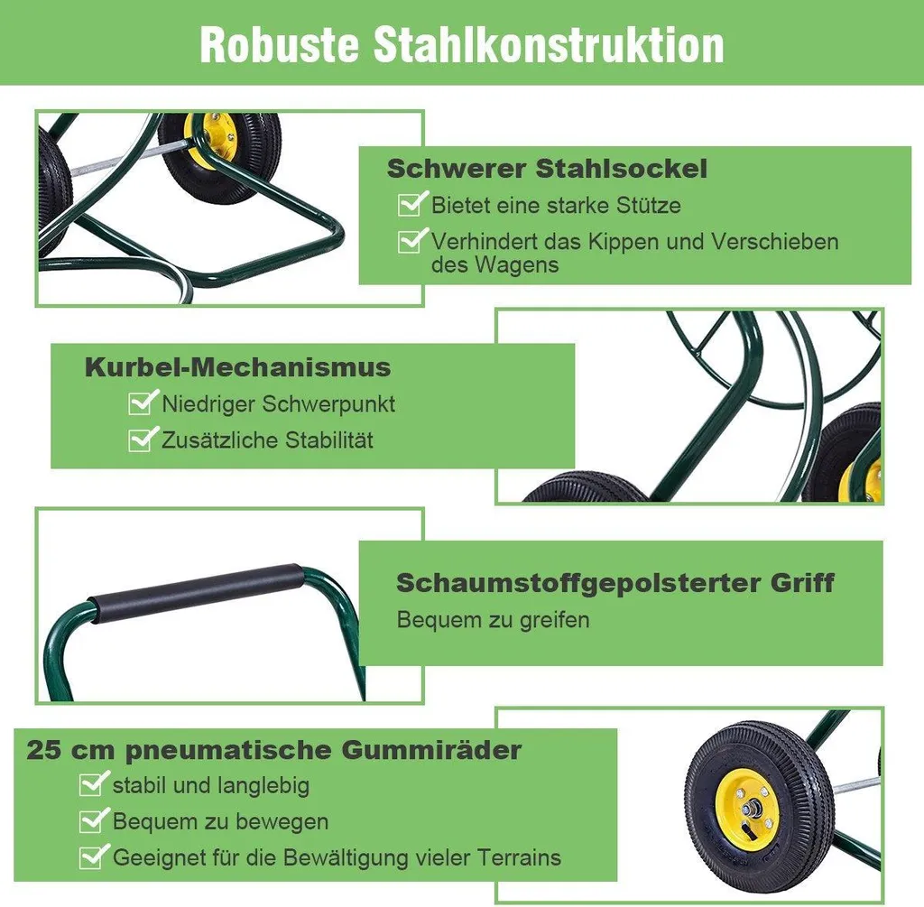 Chariot porte-tuyau de 61m en métal vert pour grand jardin et pelouse - 5