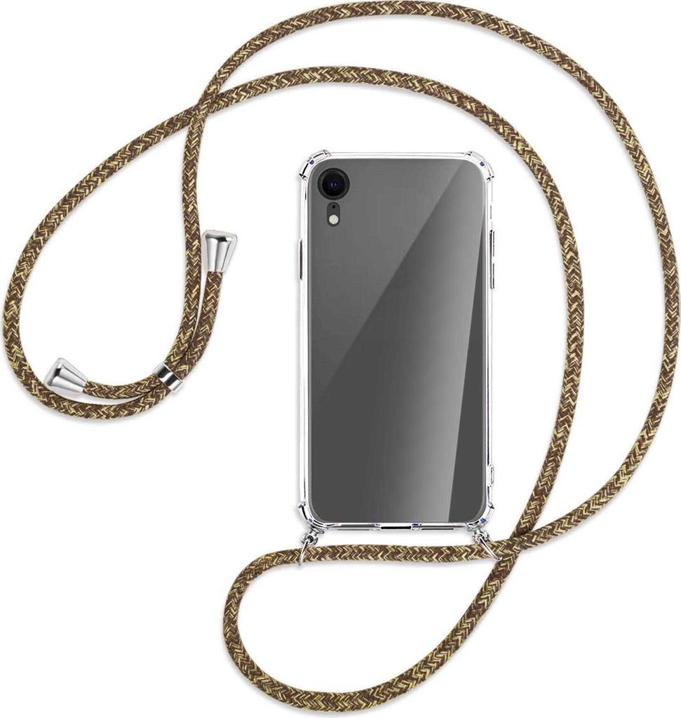 Handykette Backcover-Schutzhülle mit Band (Metall silberfarben) für Apple iPhone XR - braun+beige