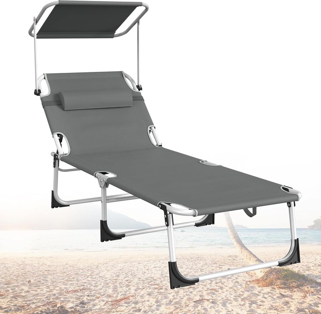 YUENFONG Sonnenliege Liegestuhl Garten Mit Sonnenschutz Gartenliege Klappbar Leicht Mit Dach Balkon Terrassen Liege Strandliege mit Kopfkissen Trag...