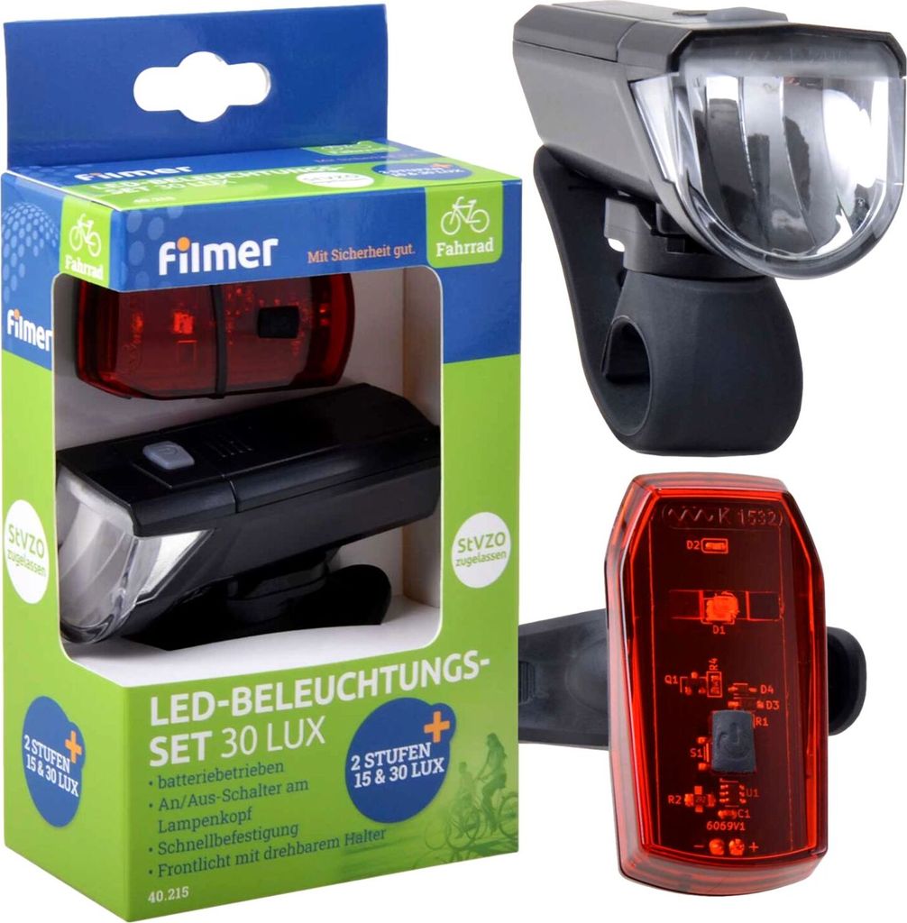 A product package for a bicycle light set, with the lights displayed inside and separately.