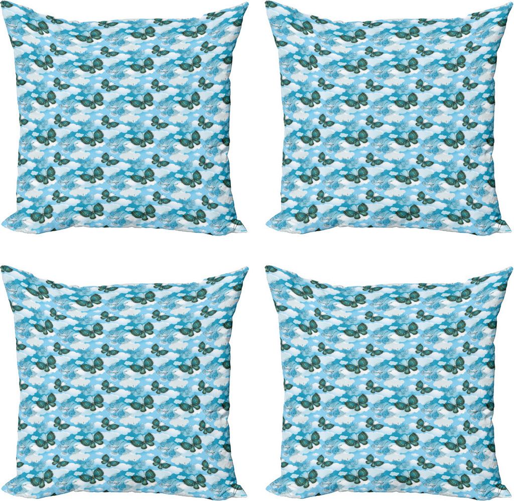 ABAKUHAUS Schmetterling Kissenbezug Set (4 Stück), Floral ornamental Moths, Moderner Doppelseitiger Digitaldruck, 45 cm x 45 cm, Sky Blue Dunkel Teal