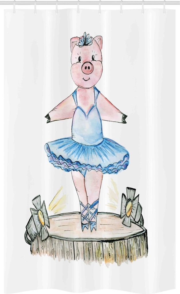 ABAKUHAUS Ballerina Schmaler Duschvorhang, Schwein mit Outfit auf der Bühne, Badezimmer Deko Set aus Stoff mit Haken, 120 x 180 cm, Mehrfarbig