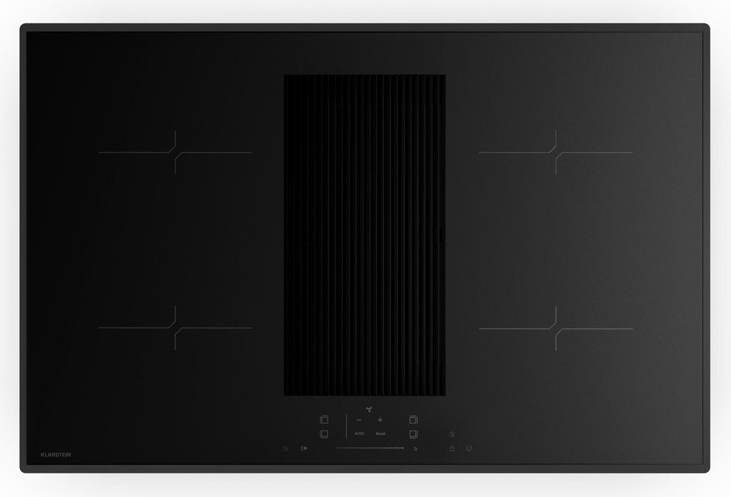 A top-down view of a black induction cooktop with an integrated downdraft ventilation system.