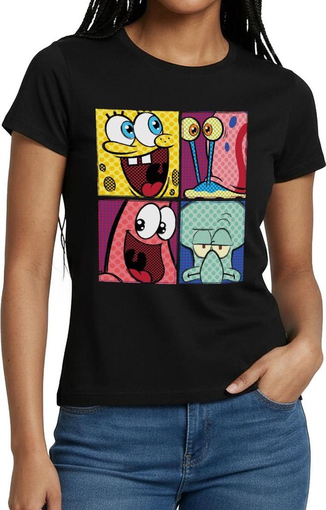 Spreadshirt SpongeBob Schwammkopf Patrick Gary Thaddäus Frauen T-Shirt, XXL, Schwarz