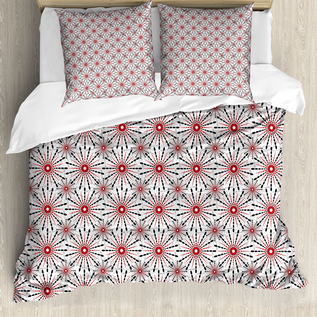 ABAKUHAUS Geometrisch Bettbezug, Trippy Blumen, Milbensicher Allergiker geeignet mit Kissenbezügen, 200 cm x 200 cm - 80 x 80 cm, Rot Schwarz Weiß