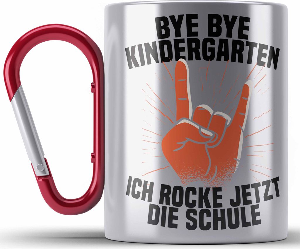 Trendation - Kita Abgänger 2022 Schulstart Edelstahl Tasse Karabiner Geschenk Jungen Einschulung Schulanfang Erster Schultag (Rot)