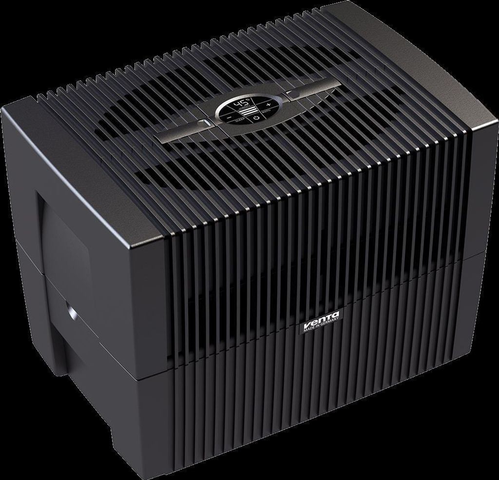 A black Venta air washer humidifier is shown from a slightly elevated angle against a black background.