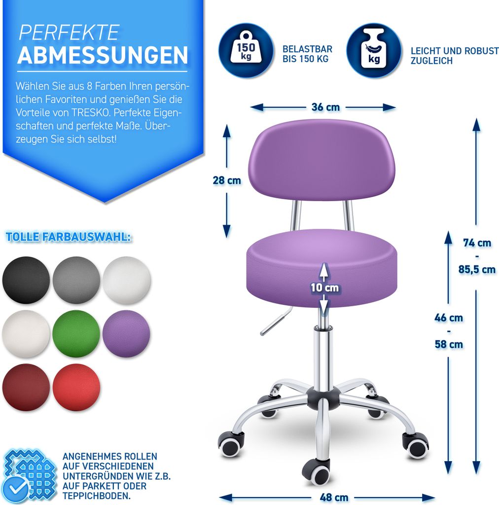 TRESKO Roller Stool Purple s opierkou Pracovná stolička Obrázok produktu 7