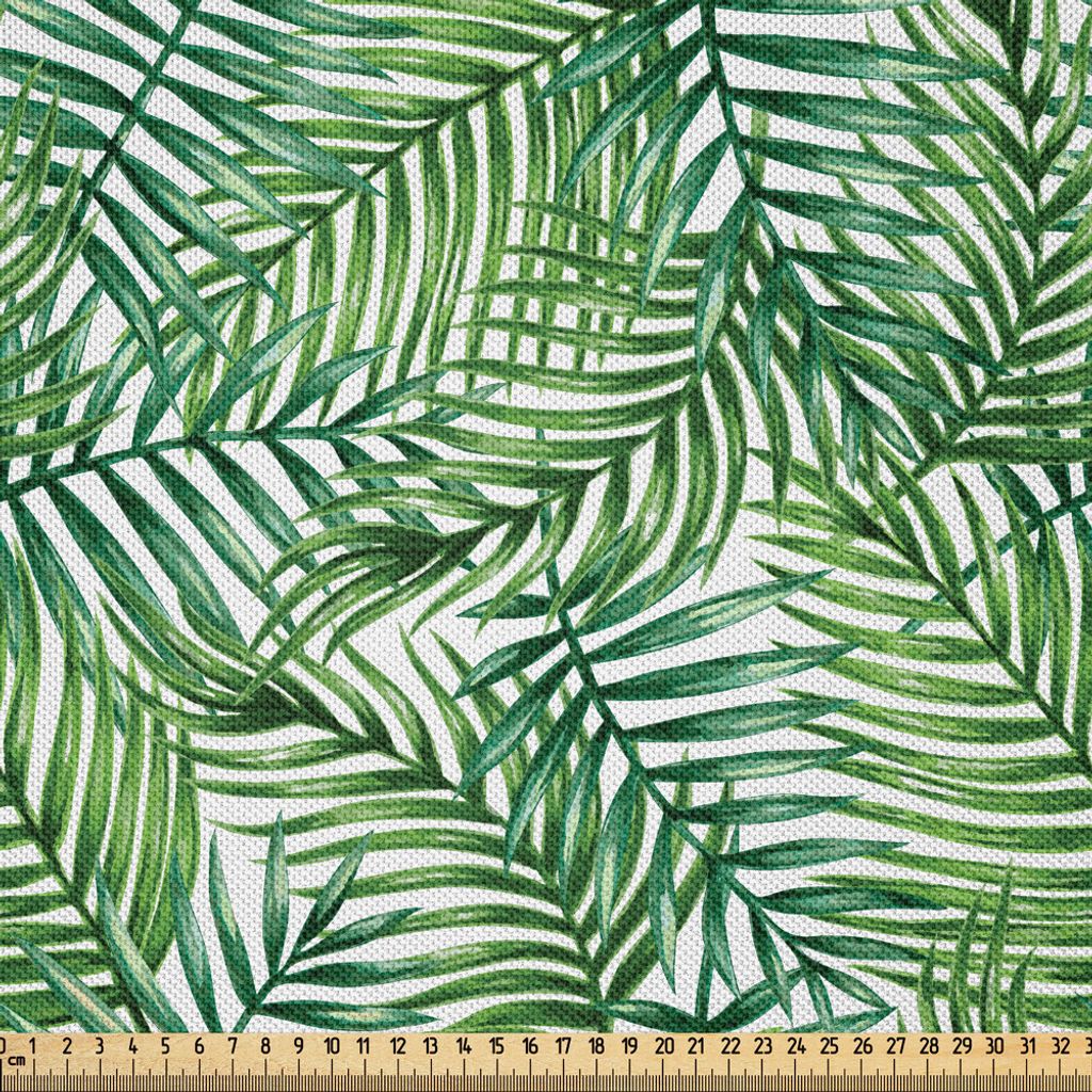 ABAKUHAUS Blatt Satin Stoff als Meterware, Aquarell-Druck-botanische wilde Palmen verlässt Ombre Entwurfs-Bild, 1 M (148 x 100 cm), Grün Weiß