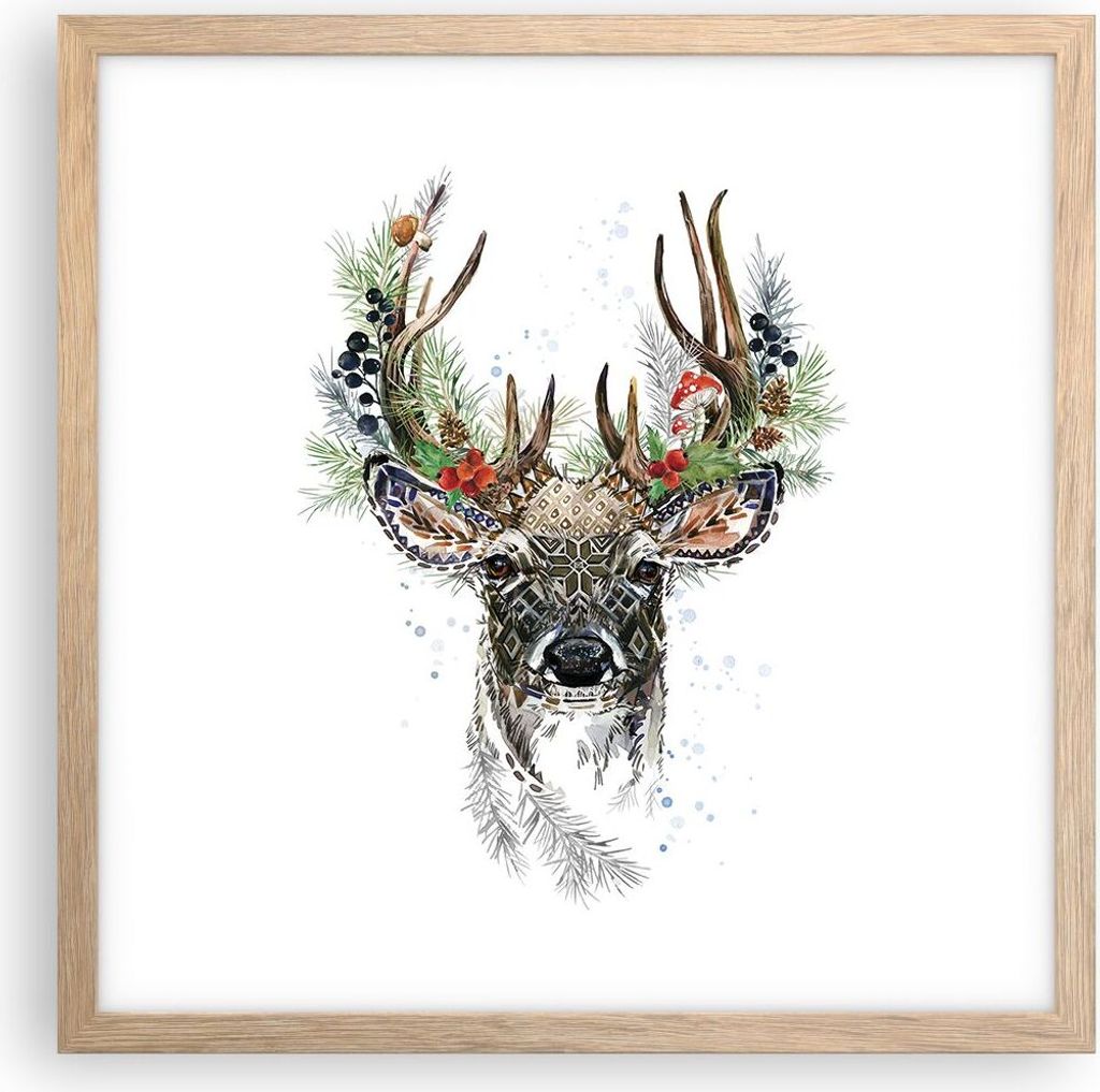Gerahmtes Poster - Rahmen in heller Eiche - Surrealismus Hirsch Boho - 40x40 cm - Wand Bild - Wanddeko - Wandbilder - Kunstposter - Wandposter - Bi...