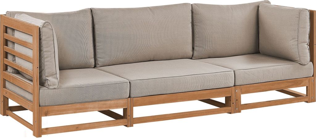 BELIANI Gartensofa Hellbraun es Akazienholz mit 8 Auflagen Taupe 3-Sitzer Sofa Retro Landhaus Stil Terrasse Outdoor Außenbereich