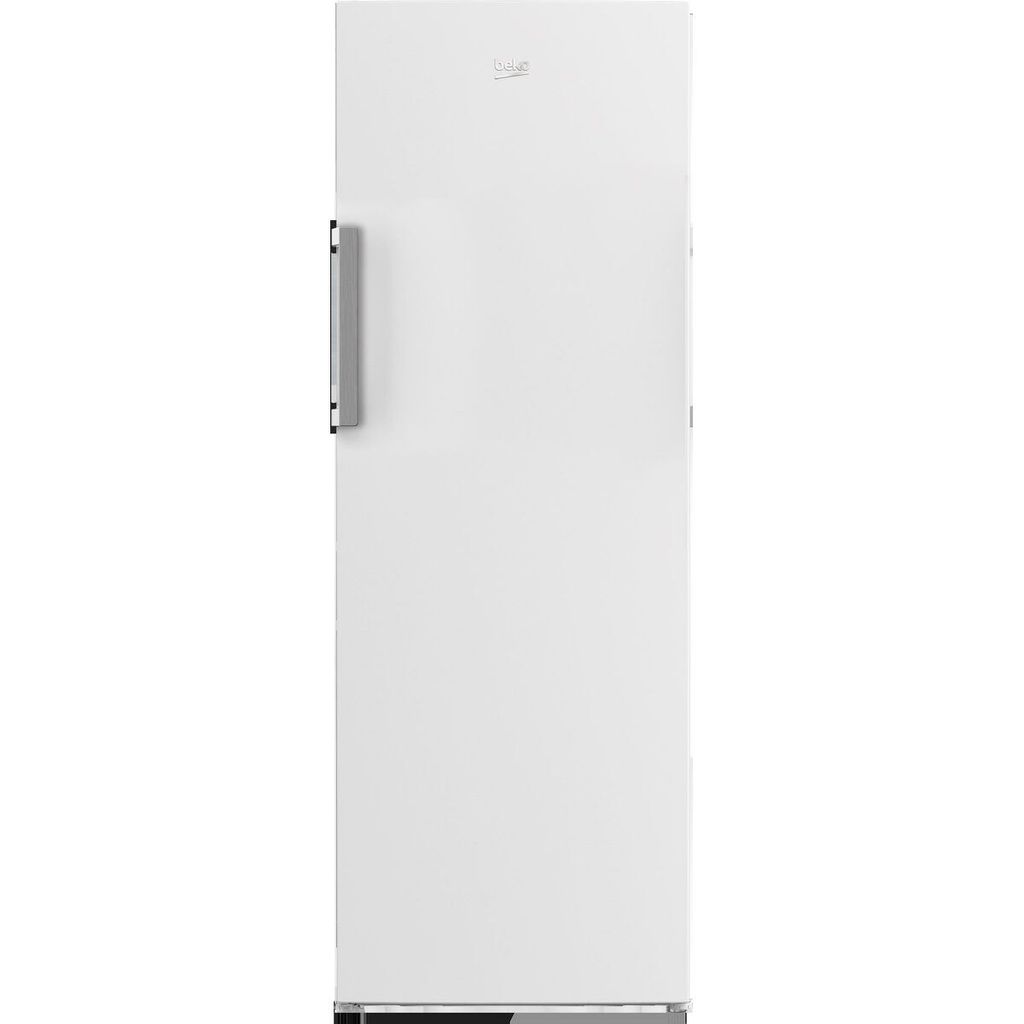 A white upright freezer against a white background.