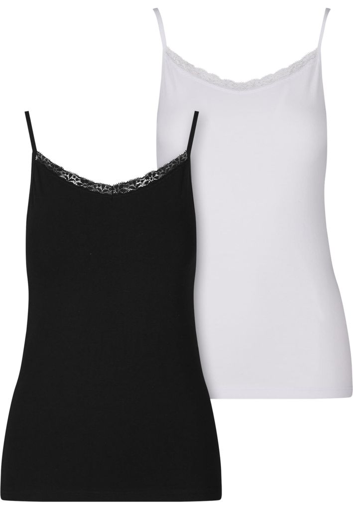 Urban Classics Damen Unterhemd Basic Tank Top Baumwolle Lace 2-Pack, Basic Trägertop aus Baumwolle mit Spitze, Spaghettiträger, Größen XS - XL