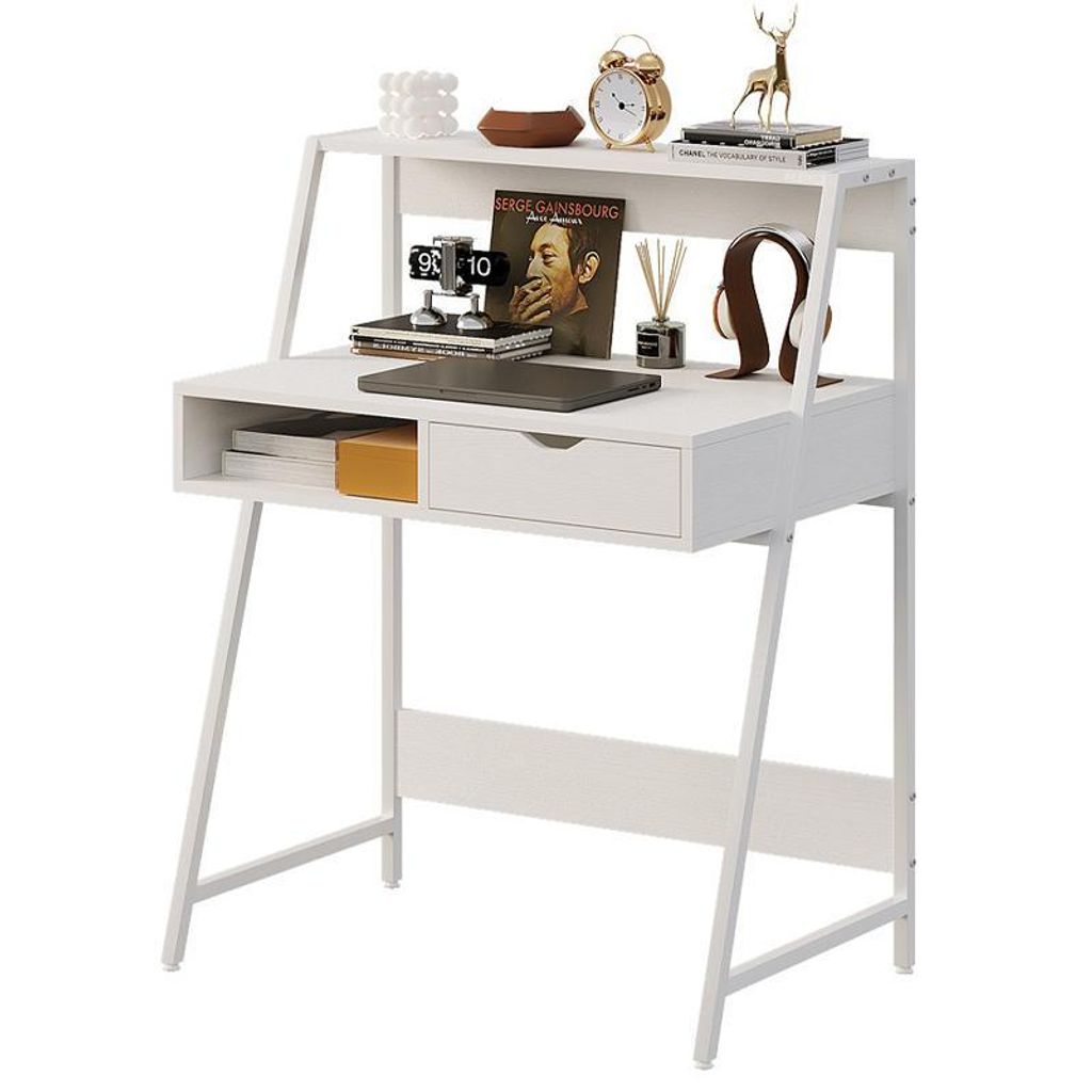 A white computer desk with a shelf and a drawer, decorated with various items.