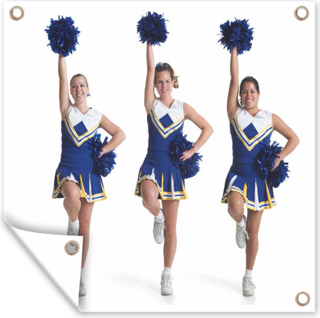 MuchoWow 80x60 cm Outdoor-Poster Gartendeko Sichtschutz Garten Poster für den Garten Drei Teenager halten als Cheerleader einen Pompon in die Luft