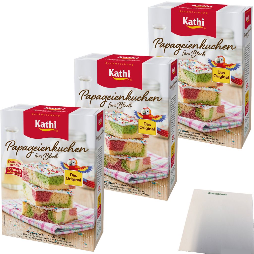 Kathi Backmischung Papageienkuchen fürs Blech 3er Pack (3x840g Packung) + usy Block