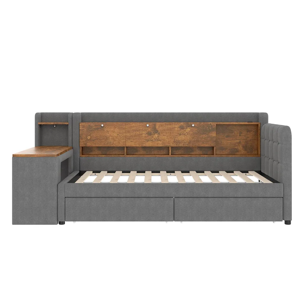 Lit de jour 90x200 gris avec bureau et tiroirs, USB Type C intégré