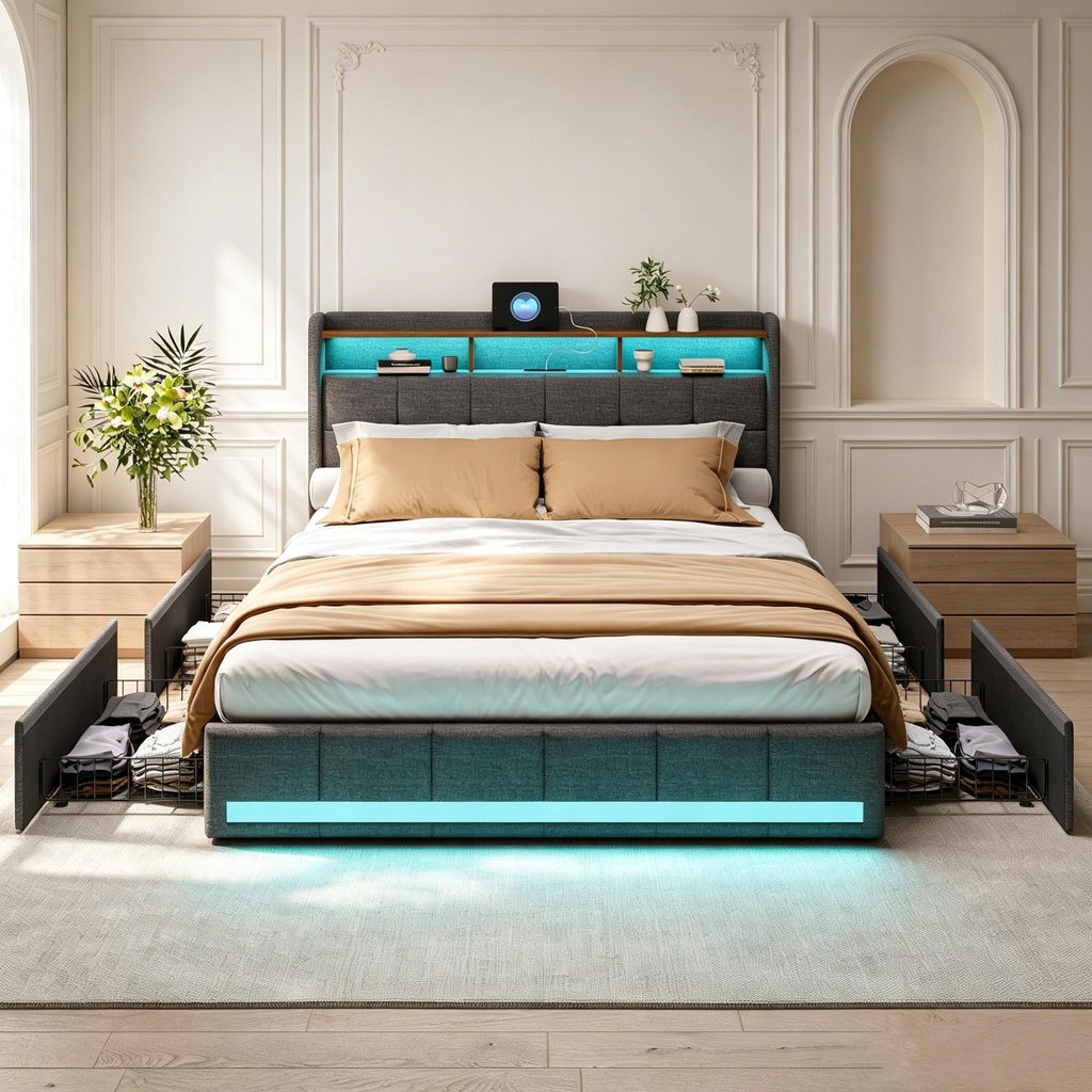 INONEFT Gestoffeerd bed 160x200 cm met USB-oplaadfunctie, Productafbeelding 