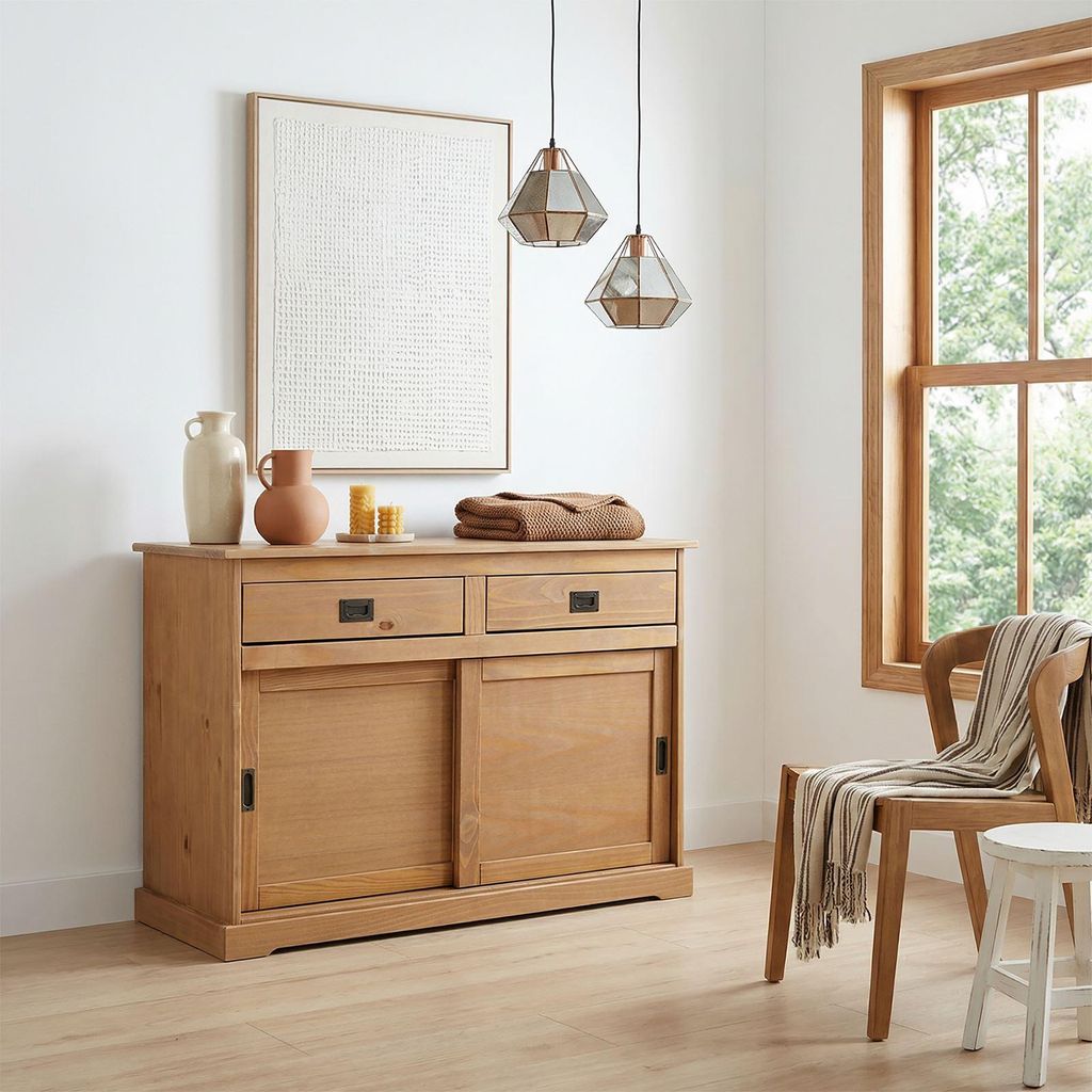 Kommode SAVONA, Sideboard mit 2 Türen 2 Schubladen, Kiefer massiv, Oberfläche braun lackiert, Buffetschrank, Geschirrschrank, Massivholz
