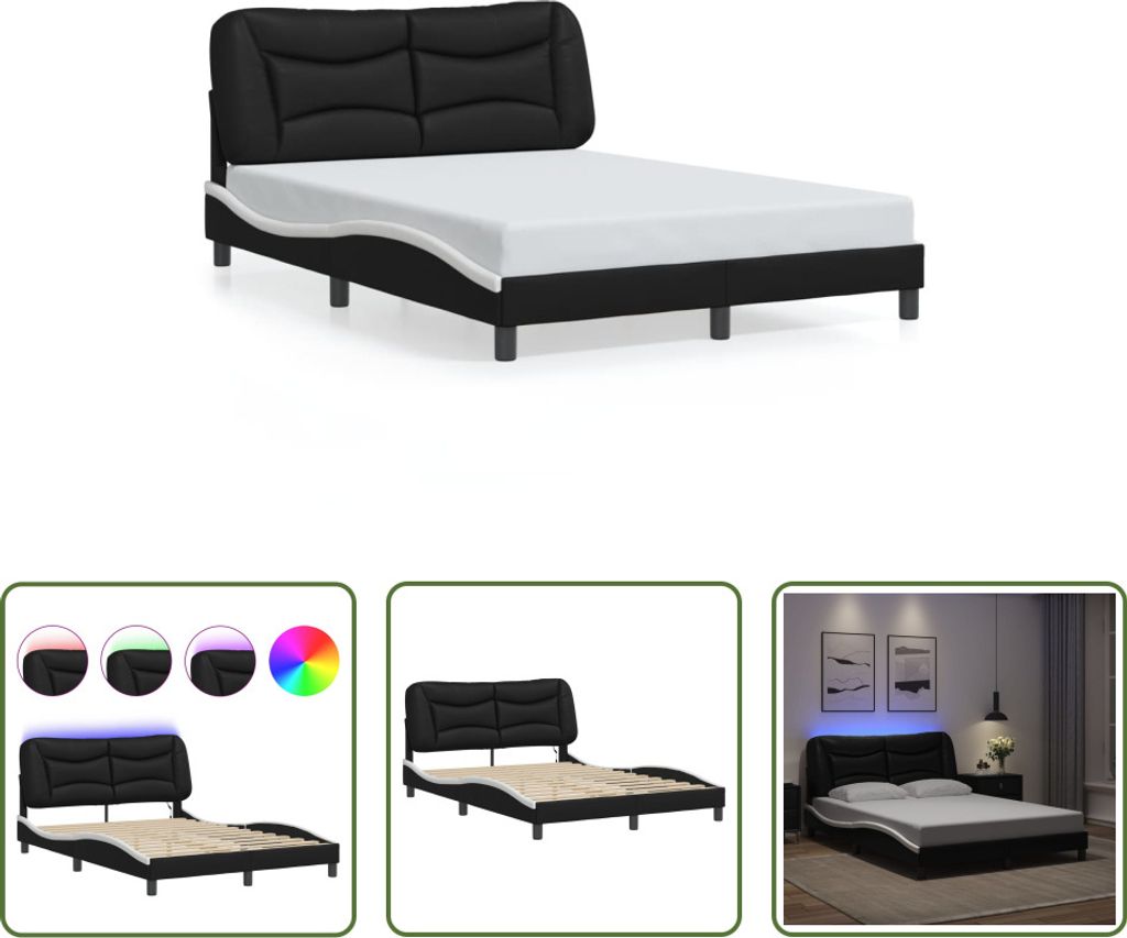The Living Store Bettgestell mit LED Schwarz und Weiß 140x190 cm Kunstleder