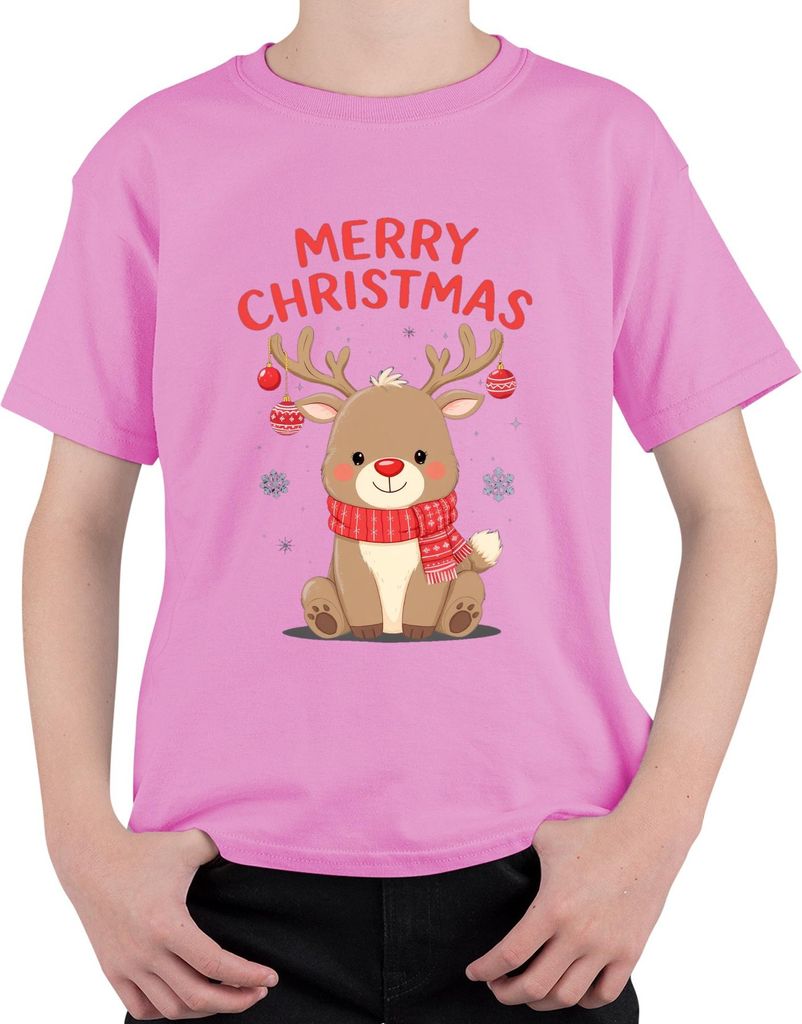 Merry Christmas Rentier Weihnachten Geschenk niedlich Baby Uni Kinder T-Shirt, Pink, 128