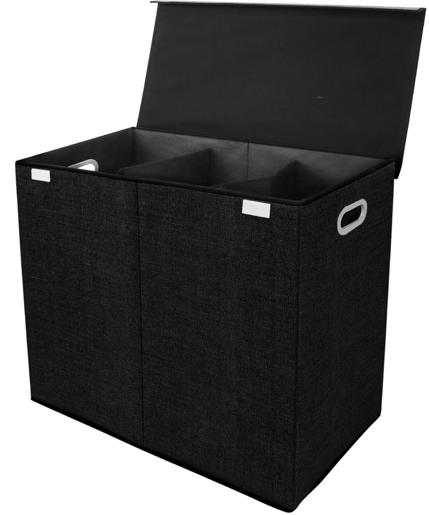 A black, three-compartment laundry hamper with a lid, shown from a slightly elevated front-left angle.