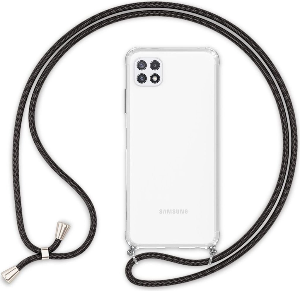 NALIA Handyhülle mit Kette für Samsung Galaxy A22 5G, Transparente Schutzhülle & Handy-Schnur, Robust Schwarz