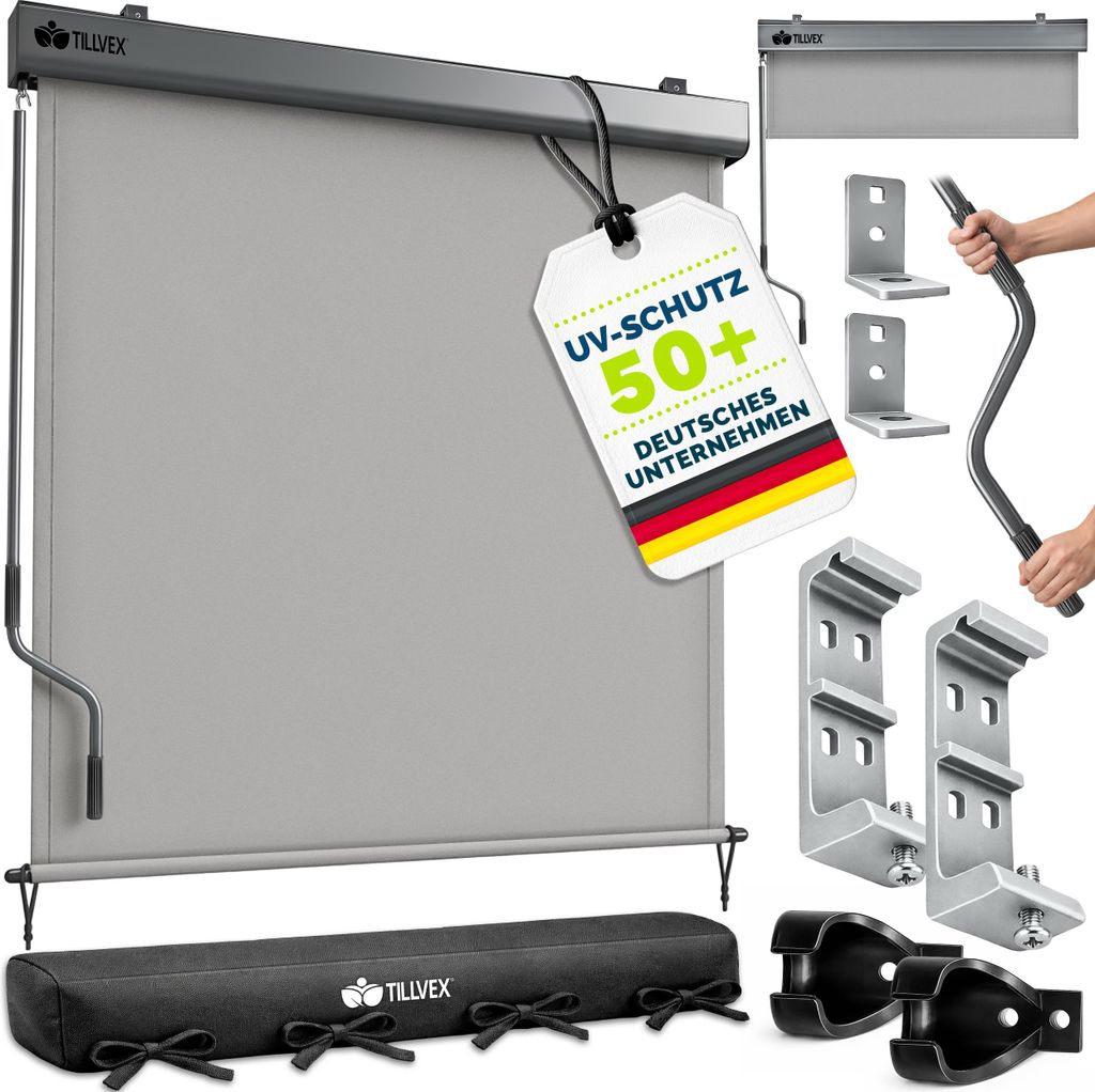 tillvex Senkrechtmarkise 160x250 cm Grau für Außen- und Innenbereich | Außenrollo wasserfest mit Handkurbel für Balkon, Terrasse & Garten | B...