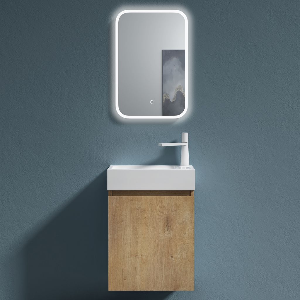 doporro Badmöbelset Waschbecken-Unterschrank für Gäste-WC 46cm in Kerneiche Design Waschplatz Wandmontage inkl. LED-Spiegel Pisa02