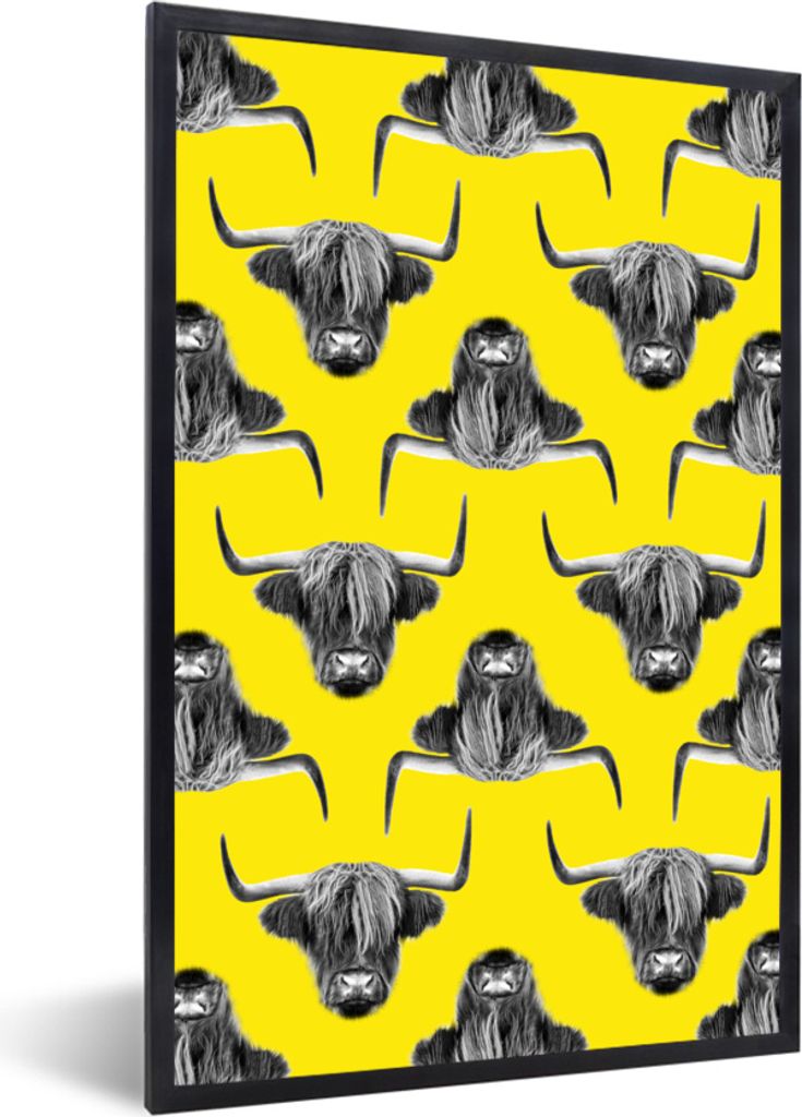 MuchoWow MuchoWow Gerahmtes Poster Schottisches Hochlandrind - Gelb - Muster 60x90 cm - Poster mit zchwarzem Bilderrahmen - Kunst
