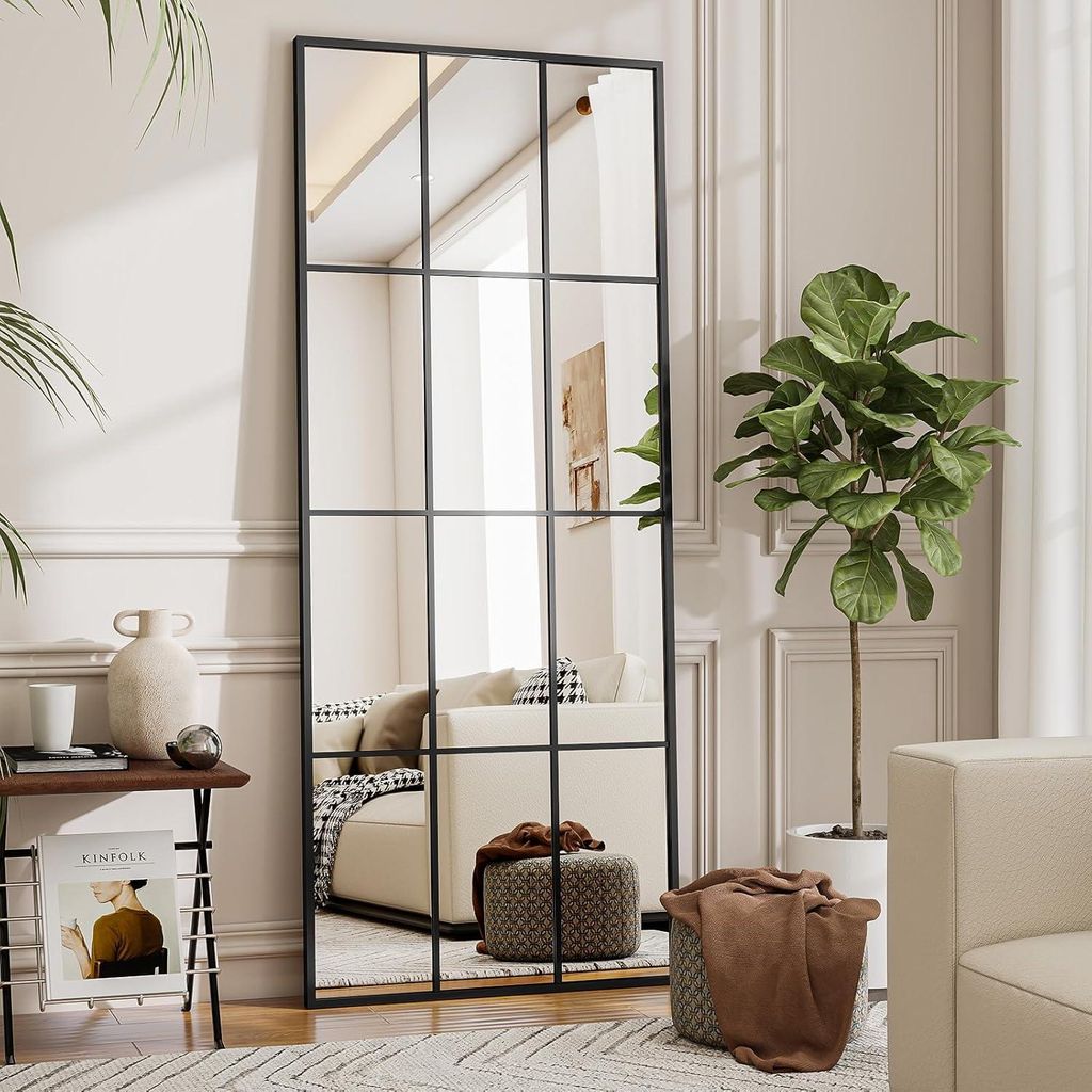 Koonmi 64x175 cm Fensterscheibe Ganzkörperspiegel - Dekorative Vollkörper mit Metallrahmen hängend Schrägung für den Eingang, Wohnzimmer, Schwarz