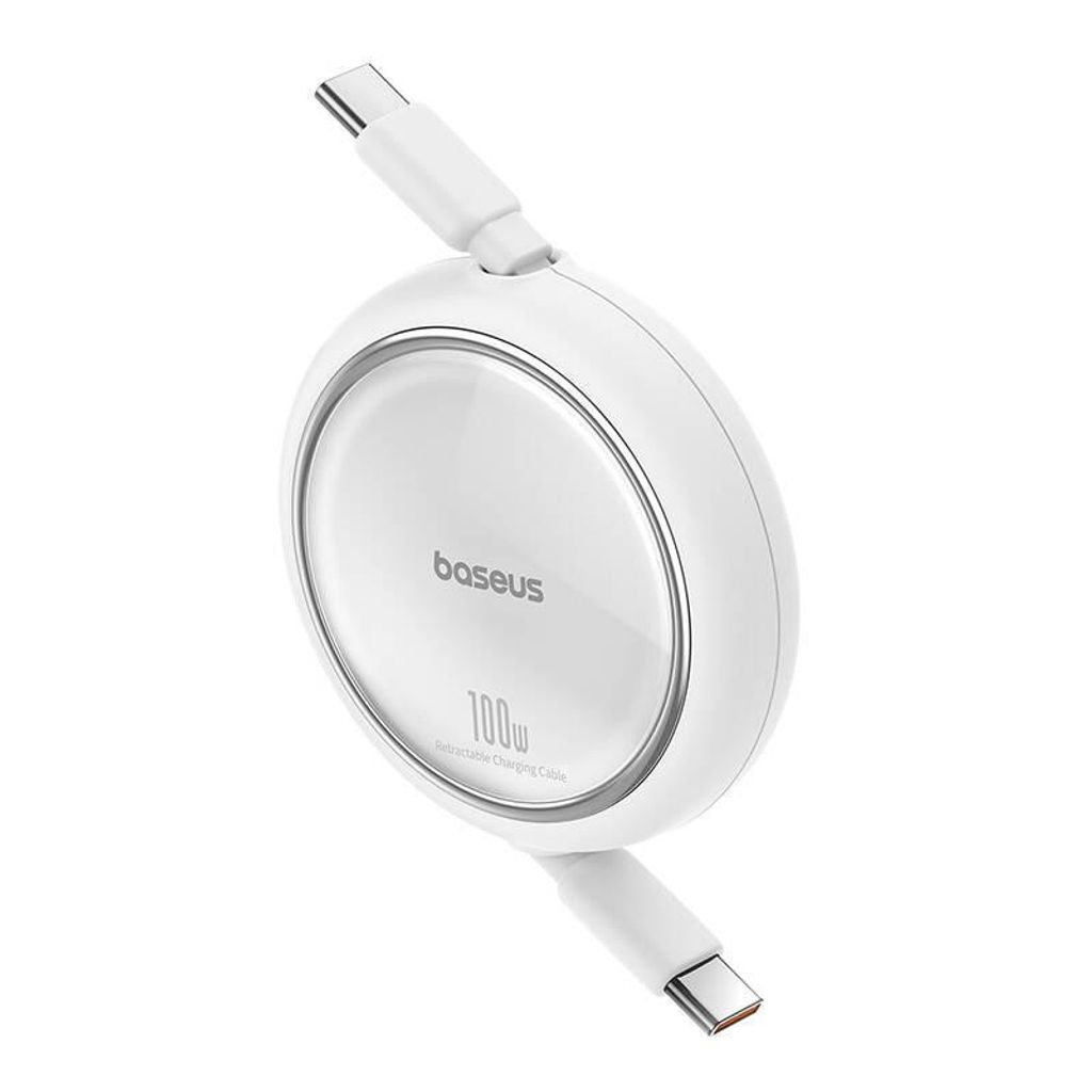 A white retractable USB-C to USB-C charging cable coiled into a circular housing.