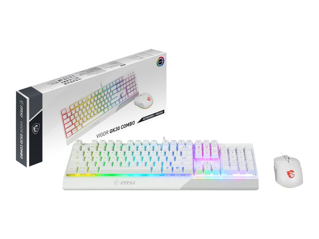 A white MSI Vigor GK30 keyboard and mouse combo are displayed on a white background, with the product packaging also visible.