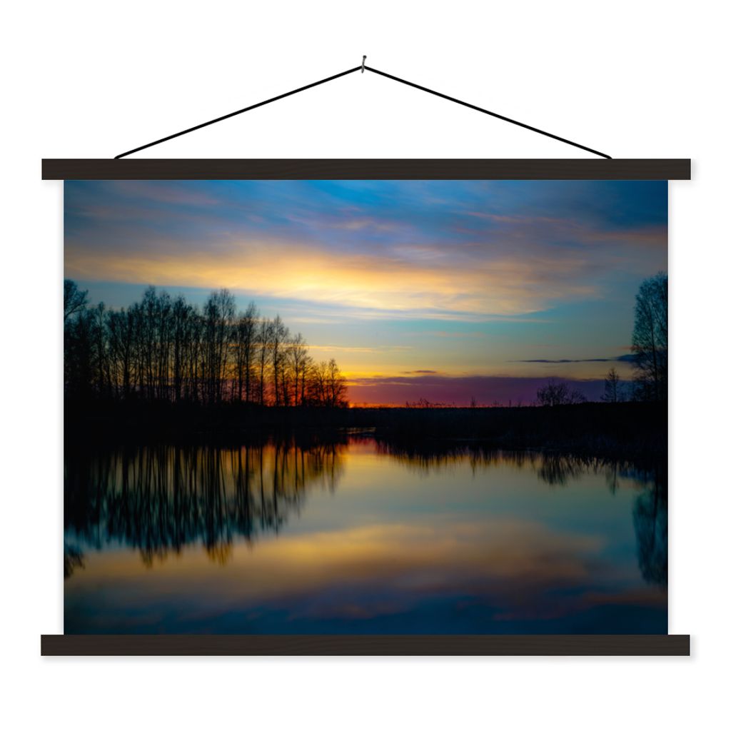 MuchoWow Textilposter Wasser - See - Bäume - Sonnenuntergang - Natur 150x113 cm mit schwarzem Rahmen - Wohnzimmer